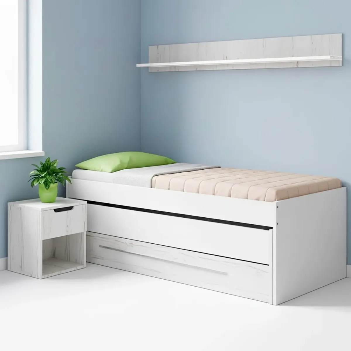 Letto Salvaspazio con Letto Estraibile Cassetto e Mensola Design Nordico Ideale per Camerette Piccole Pratico Robusto e Funzionale 65 × 199 × 96 Cm