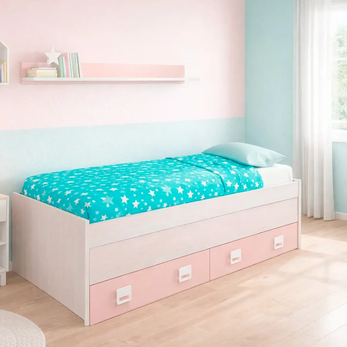 Letto con Letto Estraibile 2 Cassetti e Mensola Letto Salvaspazio Contenitore Cameretta Bambini Ragazzi Camera Design Moderno Delft 65 x 199 x 96 Cm
