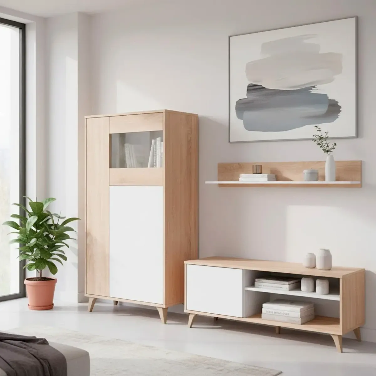 Mobile TV con Mensola Parete Attrezzata in Stile Nordico da 135 Cm con Anta Push e Vani Multimediali Mobile Porta TV con Ripiano a Parete Soggiorno Moderno 135 x 50 x 40 Cm