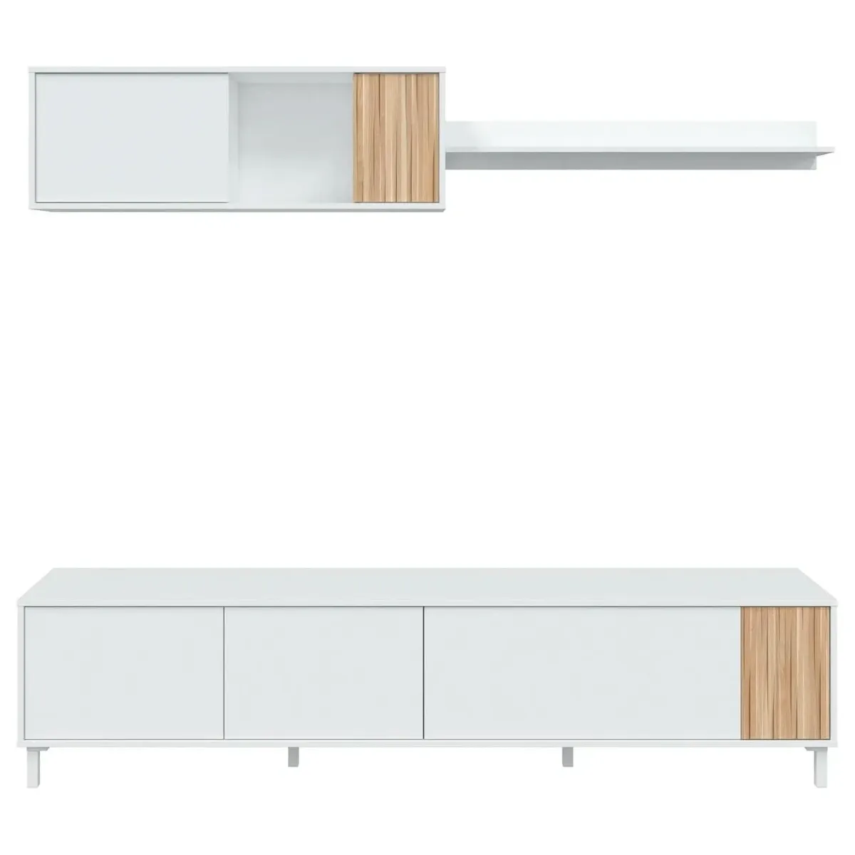 Parete Attrezzata Moderna Mobile Soggiorno TV con Modulo Pensile e Mensola con 4 Ante Fori Passacavi Design Moderno Soggiorno Salotto Sala da Pranzo 47 x 200 x 40 Cm