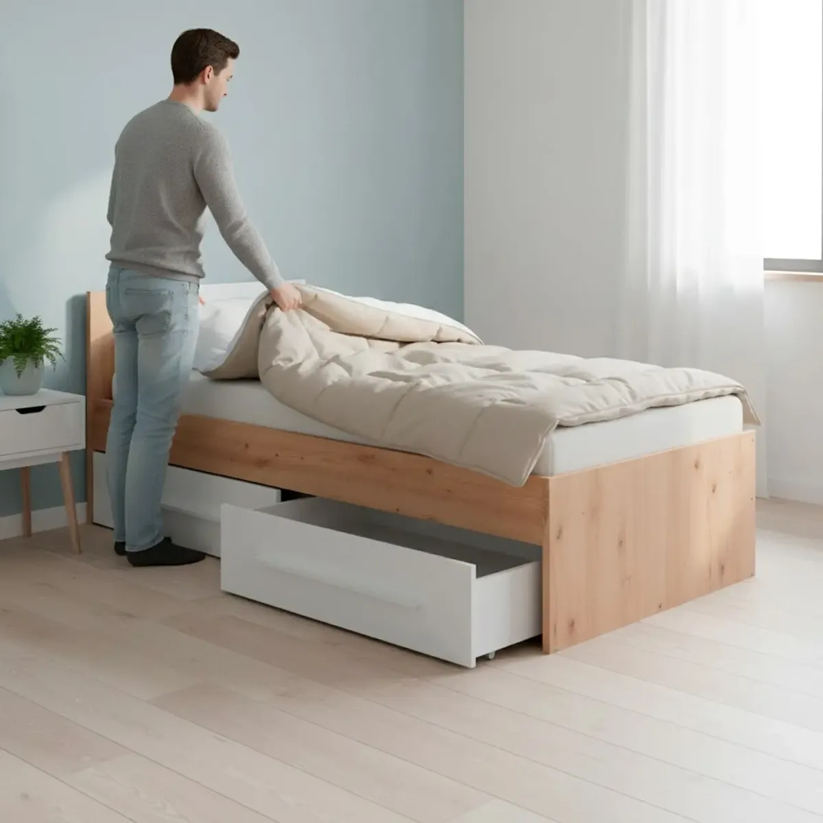 Letto Singolo per Ragazzi con 2 Cassetti e Testiera Letto con Scomparti per Materasso 190 x 90 Cm Bambini Salvaspazio Design Moderno 196 x 97 x 77 cm