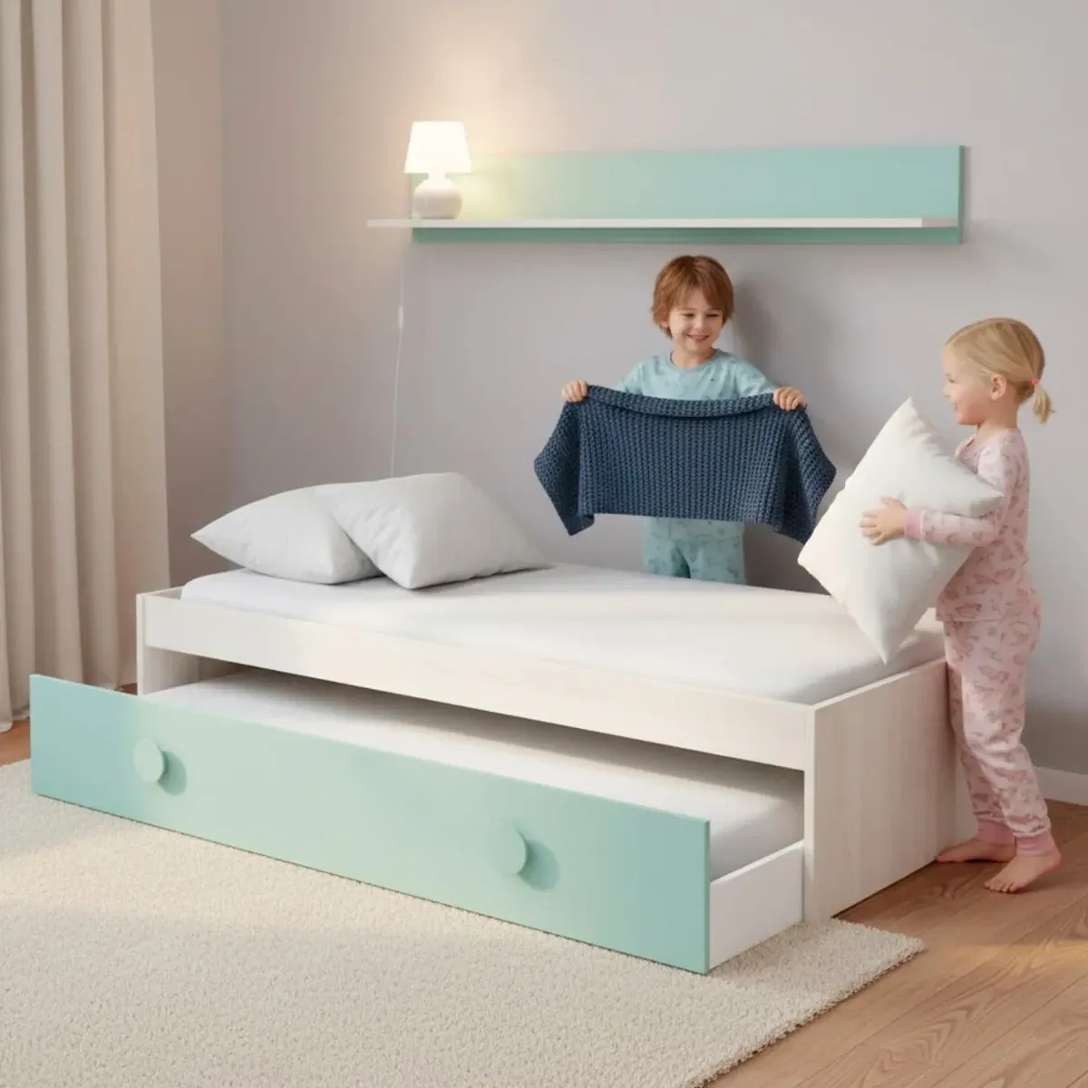 Letto Singolo a Scomparsa per Ragazzi con Letto Estraibile e Mensola a Muro Salvaspazio per Cameretta Camera da Letto Design Moderno Salvaspazio 201 x 43 x 98 Cm