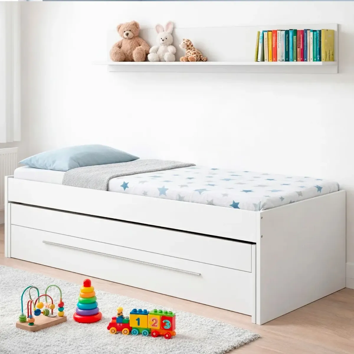 Letto Salvaspazio con Letto Estraibile Cassetto e Mensola Design Nordico Ideale per Camerette Piccole Pratico Robusto e Funzionale 65 × 199 × 96 Cm