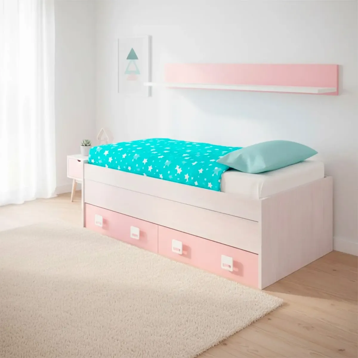 Letto con Letto Estraibile 2 Cassetti e Mensola Letto Salvaspazio Contenitore Cameretta Bambini Ragazzi Camera Design Moderno Delft 65 x 199 x 96 Cm