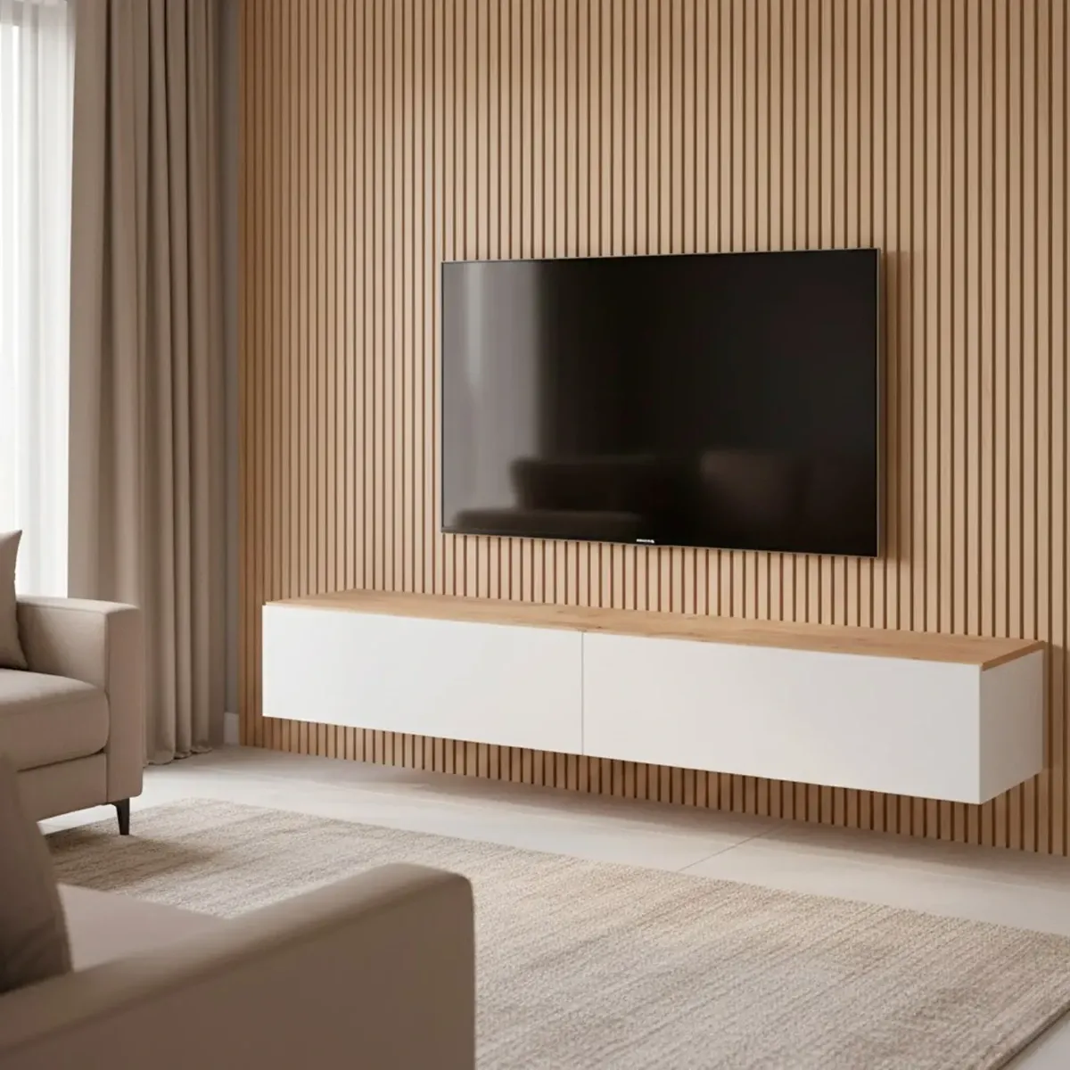 Mobile TV Sospeso da 180 Cm Parete Attrezzata con 2 Ante Push Porta TV Moderno in Pannelli Melaminici E1 per Salotto Soggiorno Design Minimal 180 x 34,5 x 28 Cm