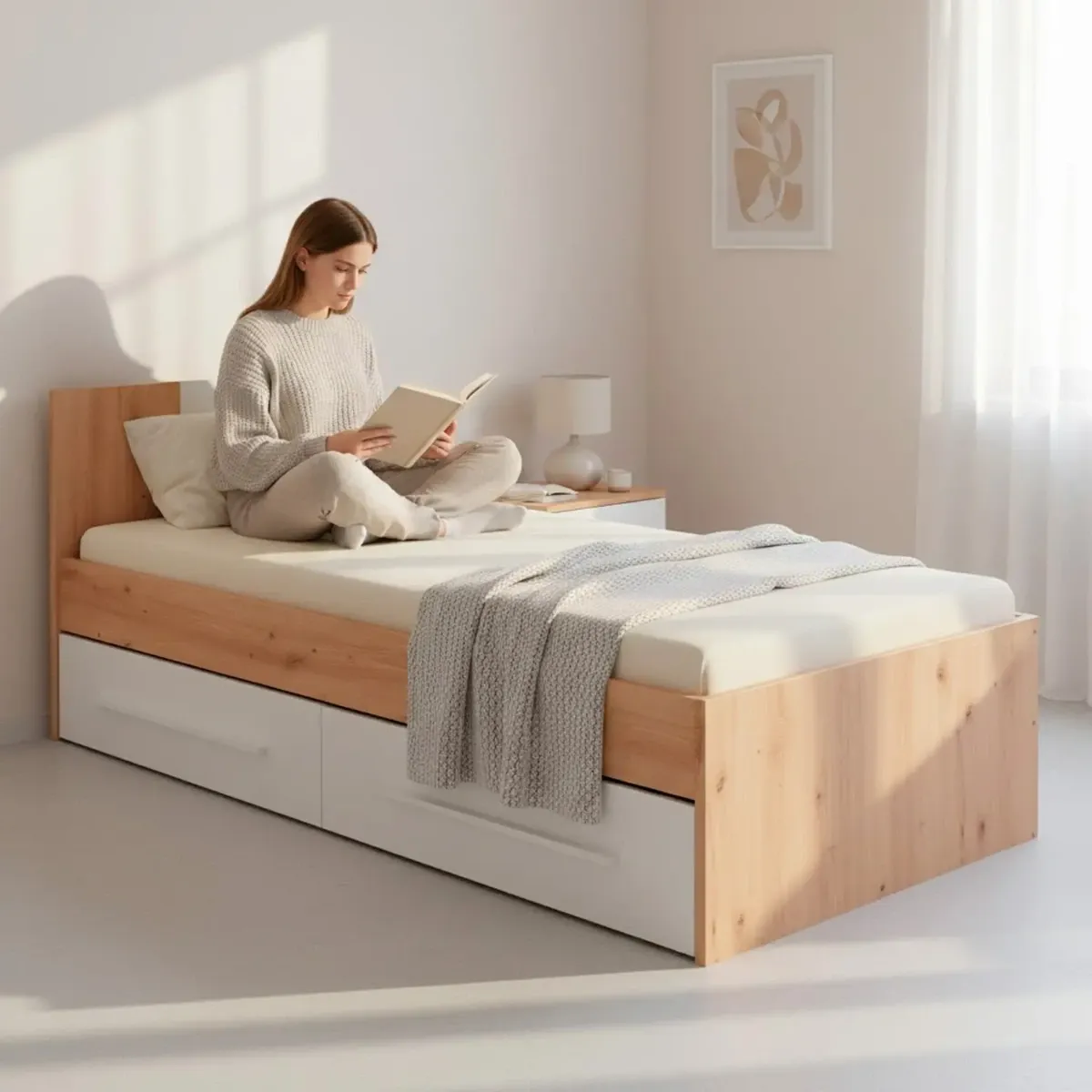 Letto Singolo per Ragazzi con 2 Cassetti e Testiera Letto con Scomparti per Materasso 190 x 90 Cm Bambini Salvaspazio Design Moderno 196 x 97 x 77 cm