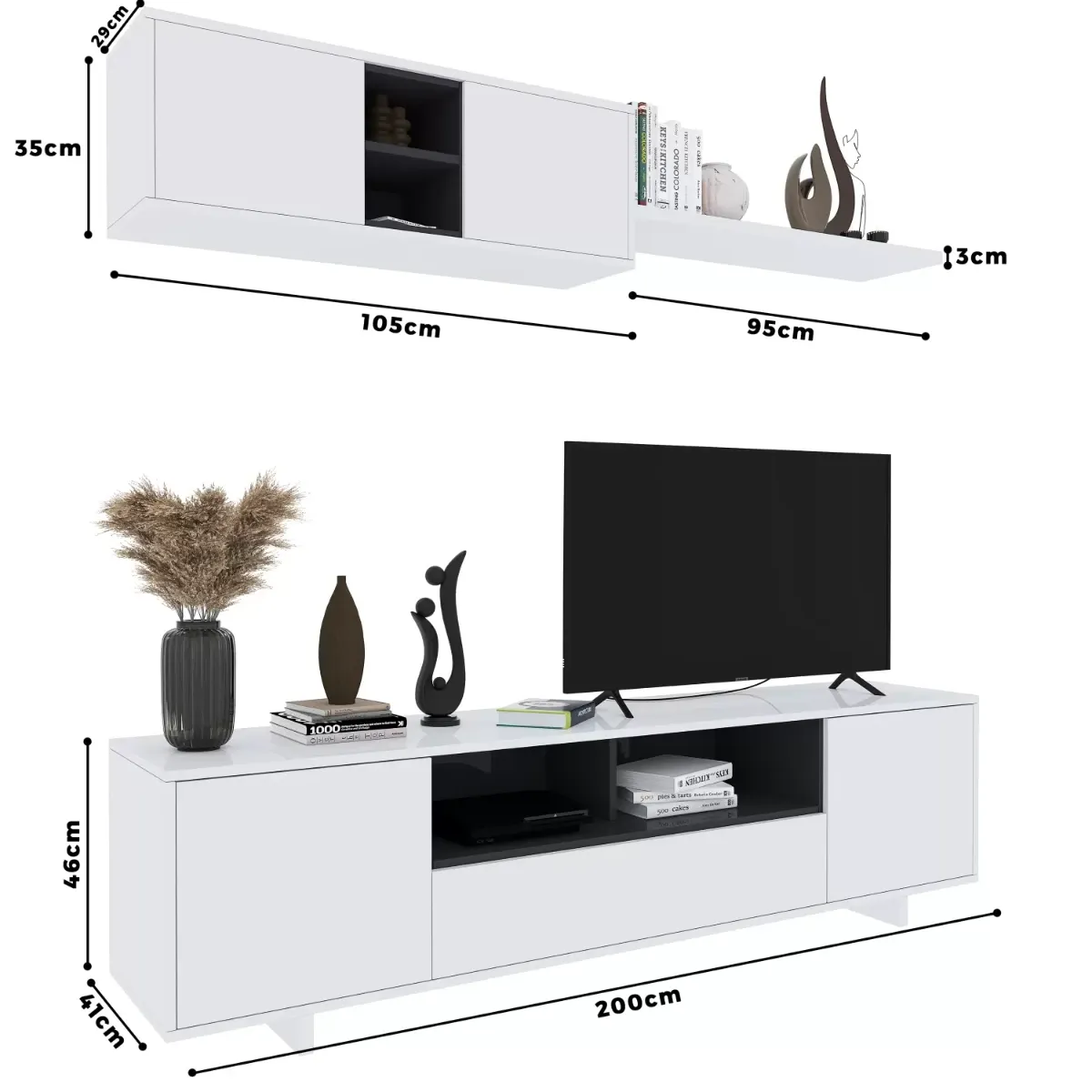 Parete Attrezzata Mobile Mobile Soggiorno TV con Mensola e Modulo Sospeso Salotto Legno Base Televisione Sala da Pranzo Design Moderno 200 x 41 x 46 cm