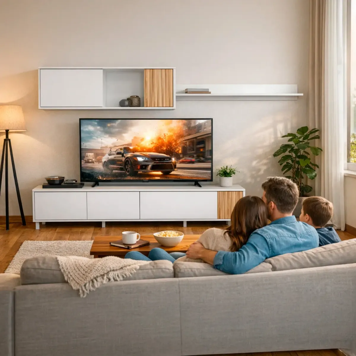 Parete Attrezzata Moderna Mobile Soggiorno TV con Modulo Pensile e Mensola con 4 Ante Fori Passacavi Design Moderno Soggiorno Salotto Sala da Pranzo 47 x 200 x 40 Cm