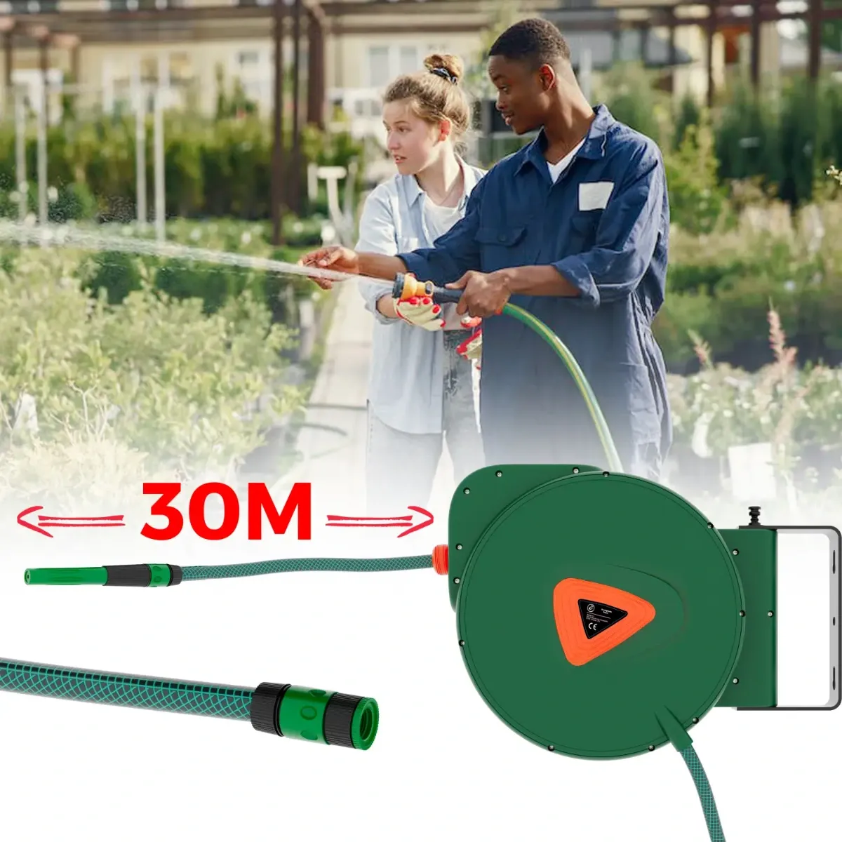 Avvolgitubo da Giardino per Acqua con Tubo in PVC Attacco 1/2" Fissaggio Parete Muro Sistema Blocco Automatico Riavvolgitore Auto Stop Accessorio Esterno Salvaspazio Pressione  24 Bar 