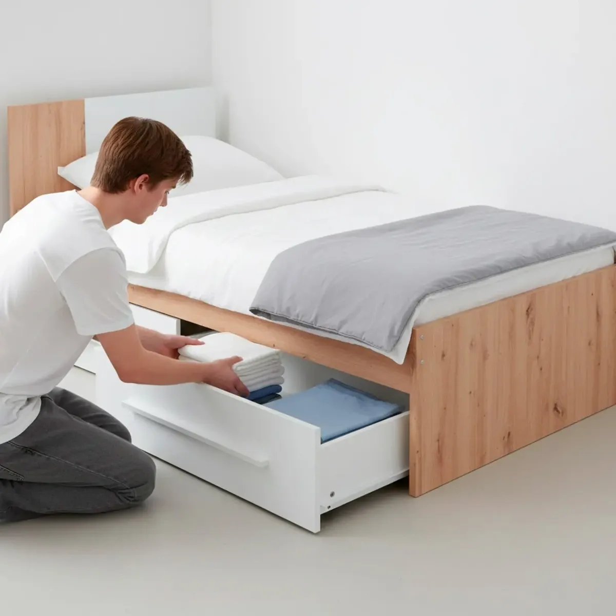 Letto Singolo per Ragazzi con 2 Cassetti e Testiera Letto con Scomparti per Materasso 190 x 90 Cm Bambini Salvaspazio Design Moderno 196 x 97 x 77 cm