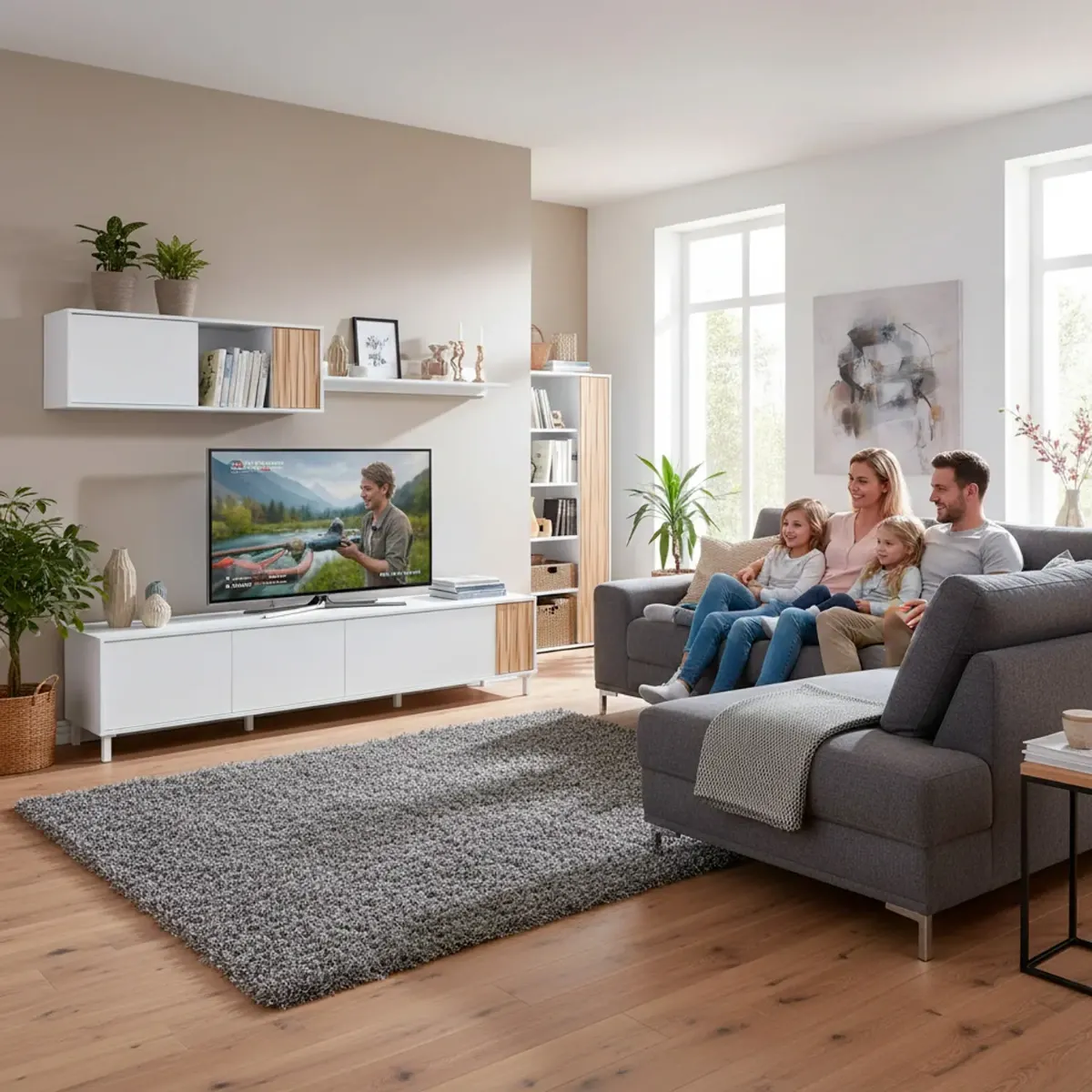 Parete Attrezzata Moderna Mobile Soggiorno TV con Modulo Pensile e Mensola con 4 Ante Fori Passacavi Design Moderno Soggiorno Salotto Sala da Pranzo 47 x 200 x 40 Cm