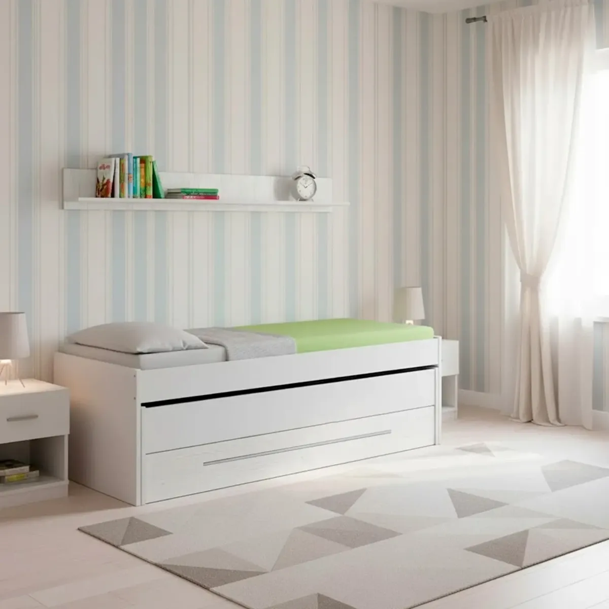Letto Salvaspazio con Letto Estraibile Cassetto e Mensola Design Nordico Ideale per Camerette Piccole Pratico Robusto e Funzionale 65 × 199 × 96 Cm