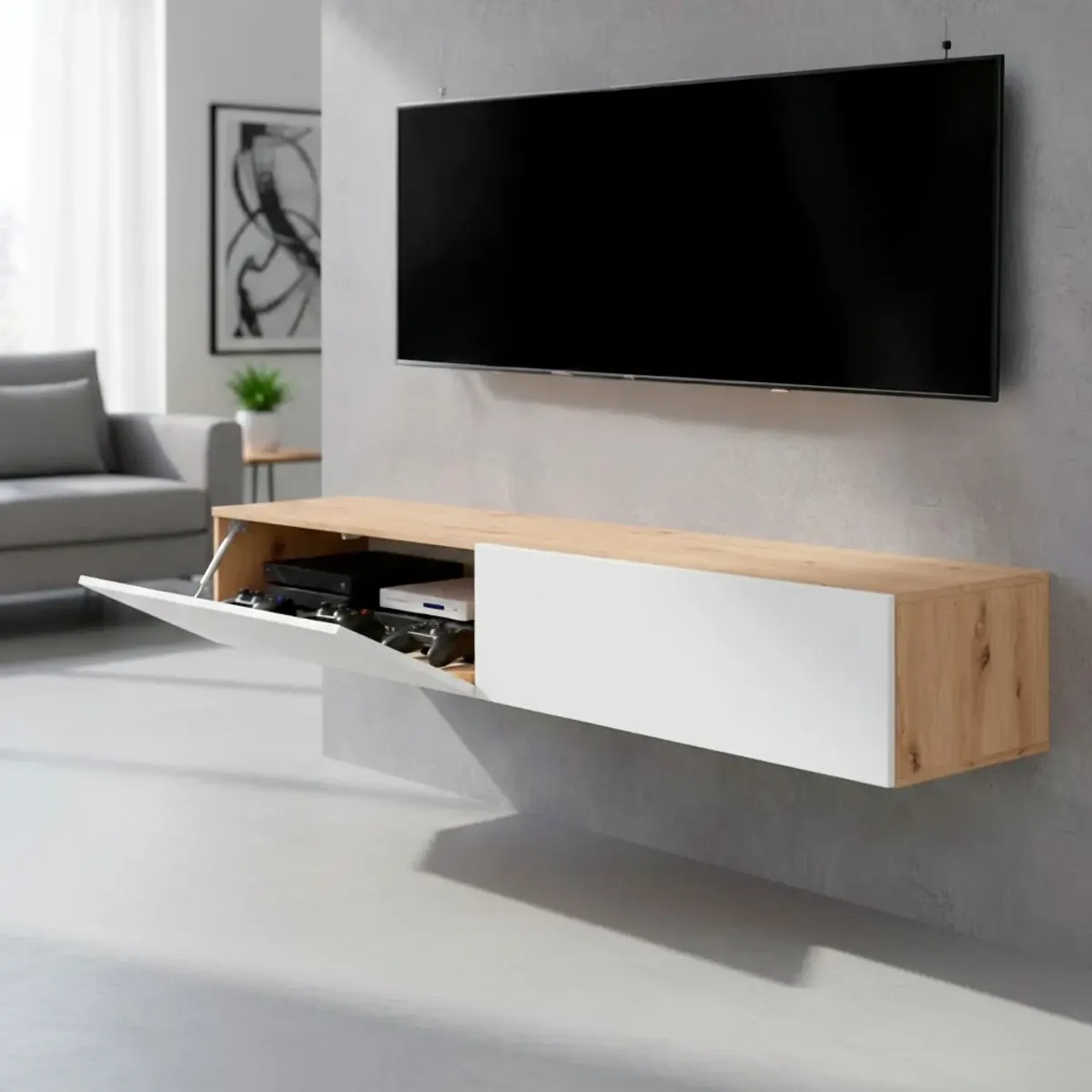 Mobile TV Sospeso da 180 Cm Parete Attrezzata con 2 Ante Push Porta TV Moderno in Pannelli Melaminici E1 per Salotto Soggiorno Design Minimal 180 x 34,5 x 28 Cm