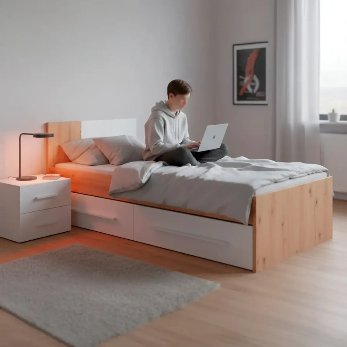 Letto Singolo per Ragazzi con 2 Cassetti e Testiera Letto con Scomparti per Materasso 190 x 90 Cm Bambini Salvaspazio Design Moderno 196 x 97 x 77 cm