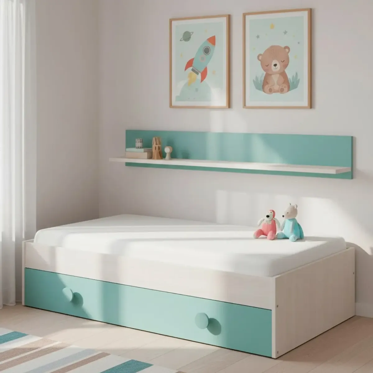 Letto Singolo a Scomparsa per Ragazzi con Letto Estraibile e Mensola a Muro Salvaspazio per Cameretta Camera da Letto Design Moderno Salvaspazio 201 x 43 x 98 Cm