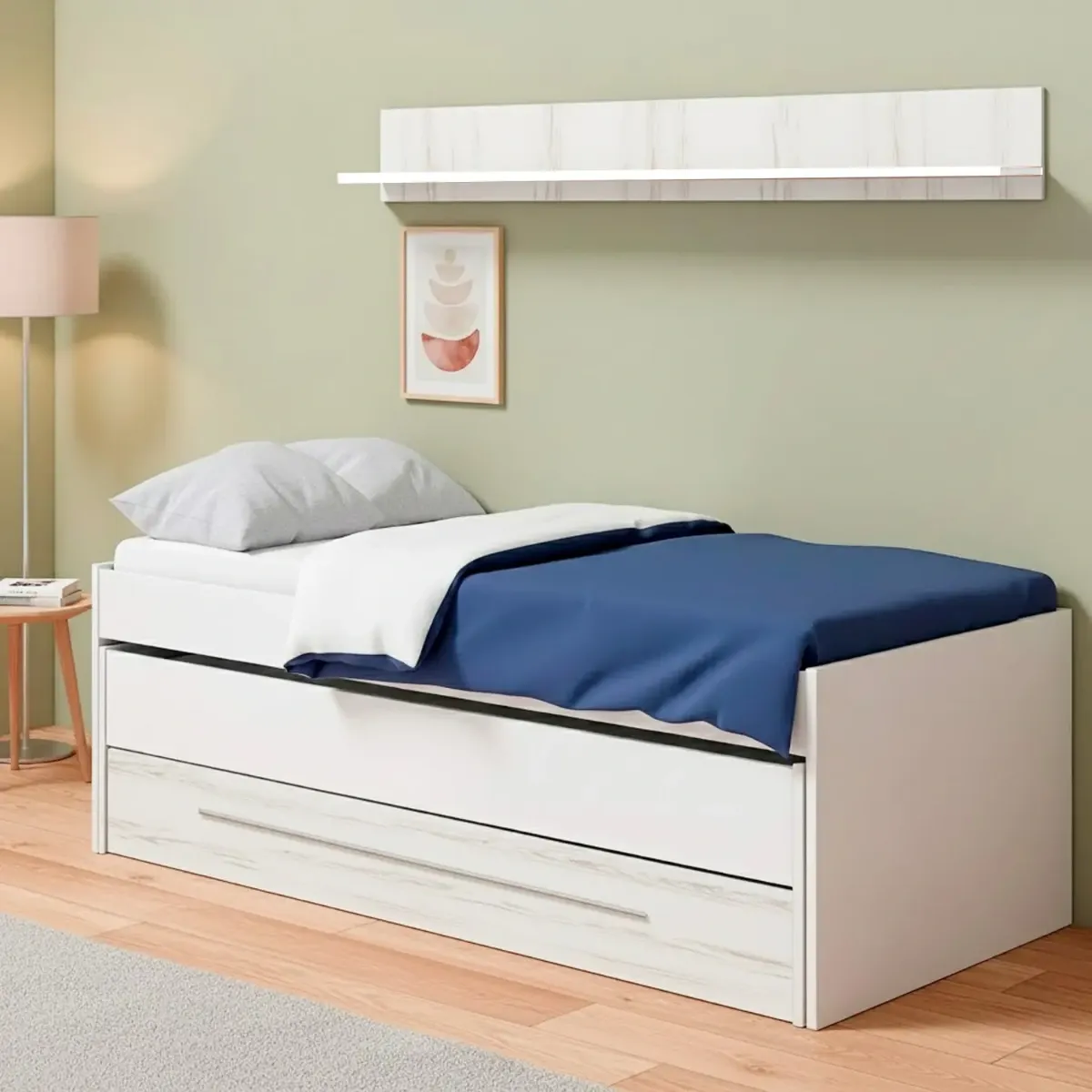 Letto Salvaspazio con Letto Estraibile Cassetto e Mensola Design Nordico Ideale per Camerette Piccole Pratico Robusto e Funzionale 65 × 199 × 96 Cm