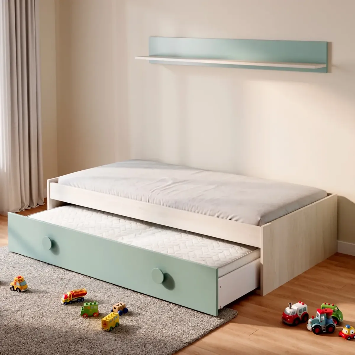 Letto Singolo a Scomparsa per Ragazzi con Letto Estraibile e Mensola a Muro Salvaspazio per Cameretta Camera da Letto Design Moderno Salvaspazio 201 x 43 x 98 Cm