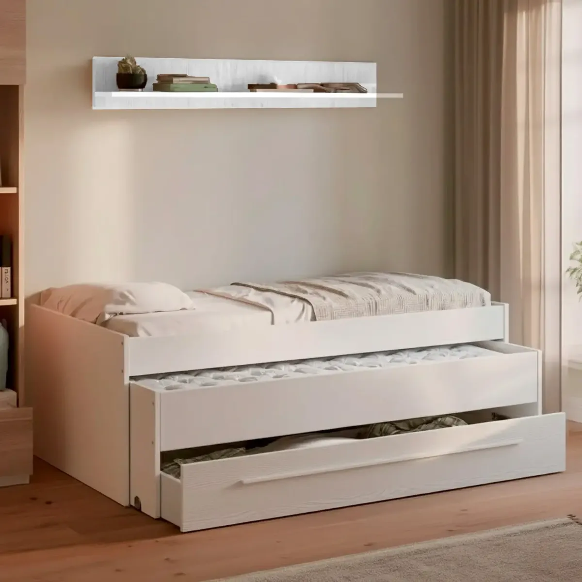 Letto Salvaspazio con Letto Estraibile Cassetto e Mensola Design Nordico Ideale per Camerette Piccole Pratico Robusto e Funzionale 65 × 199 × 96 Cm