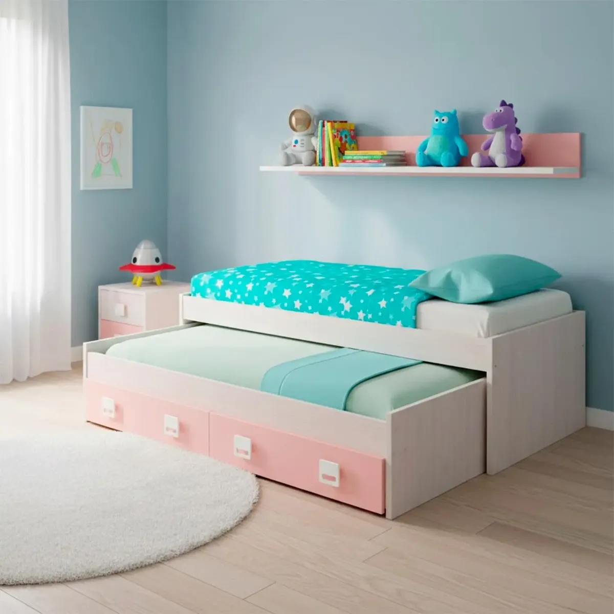 Letto con Letto Estraibile 2 Cassetti e Mensola Letto Salvaspazio Contenitore Cameretta Bambini Ragazzi Camera Design Moderno Delft 65 x 199 x 96 Cm