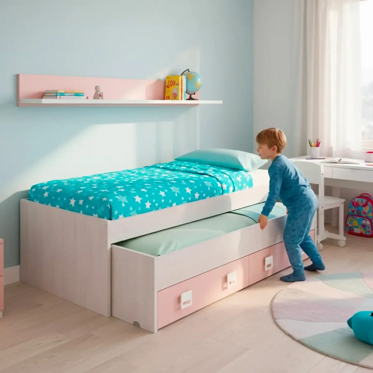 Letto con Letto Estraibile 2 Cassetti e Mensola Letto Salvaspazio Contenitore Cameretta Bambini Ragazzi Camera Design Moderno Delft 65 x 199 x 96 Cm