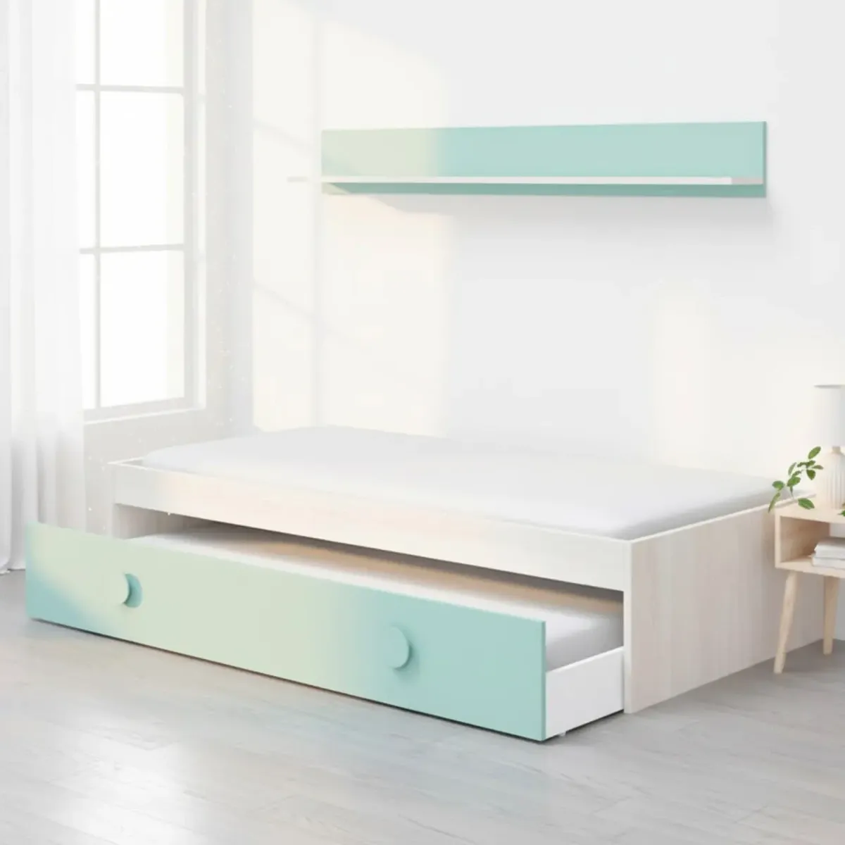 Letto Singolo a Scomparsa per Ragazzi con Letto Estraibile e Mensola a Muro Salvaspazio per Cameretta Camera da Letto Design Moderno Salvaspazio 201 x 43 x 98 Cm