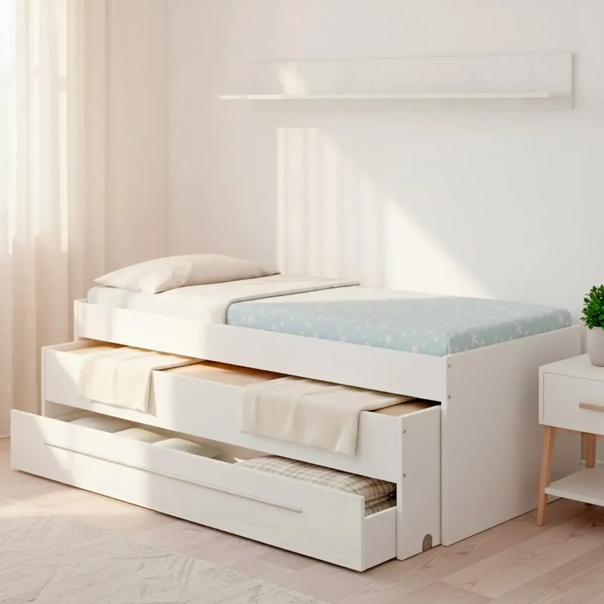 Letto Salvaspazio con Letto Estraibile Cassetto e Mensola Design Nordico Ideale per Camerette Piccole Pratico Robusto e Funzionale 65 × 199 × 96 Cm