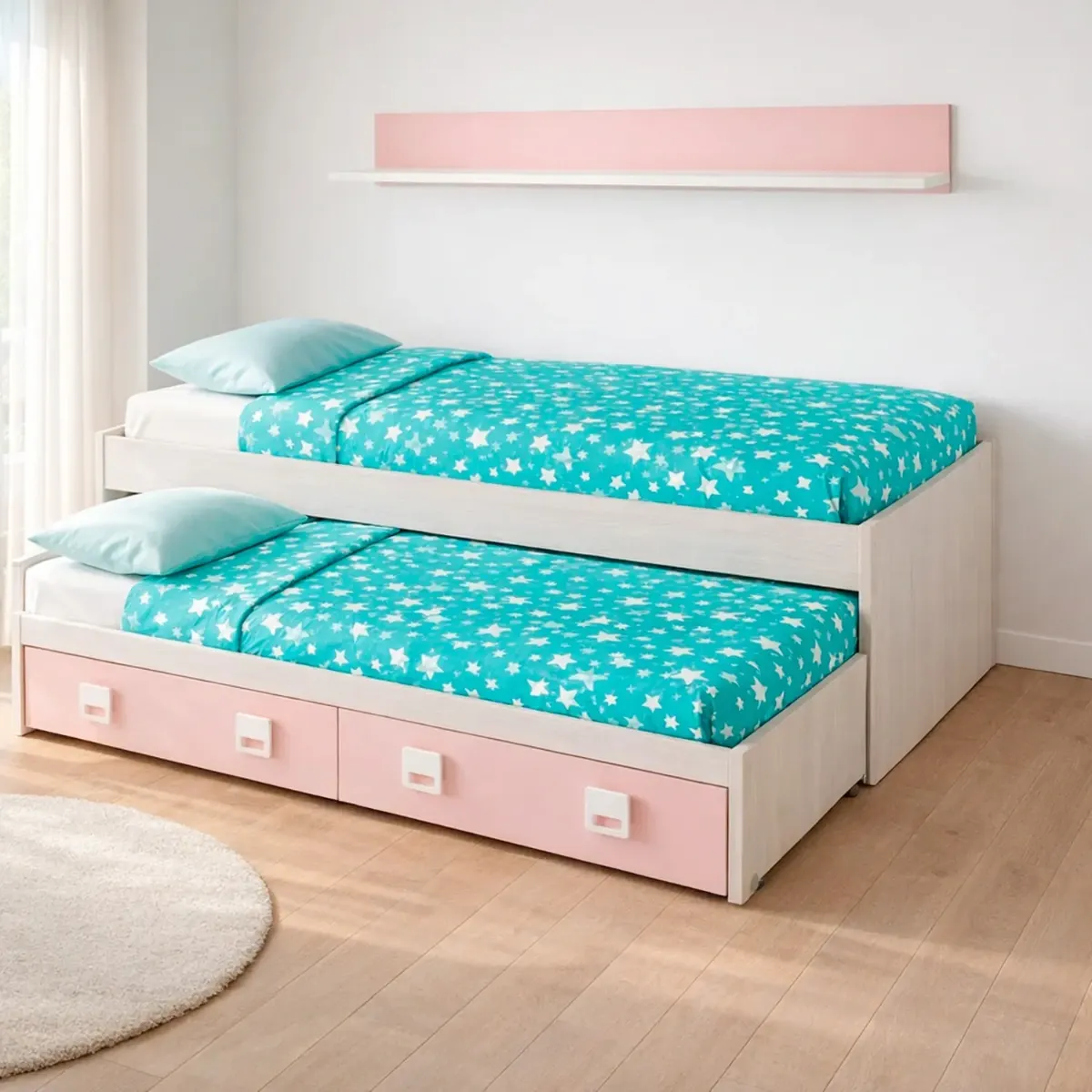 Letto con Letto Estraibile 2 Cassetti e Mensola Letto Salvaspazio Contenitore Cameretta Bambini Ragazzi Camera Design Moderno Delft 65 x 199 x 96 Cm