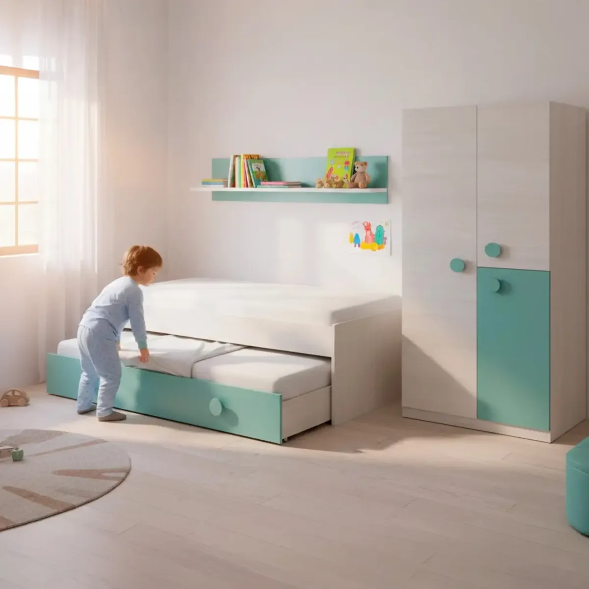 Letto Singolo a Scomparsa per Ragazzi con Letto Estraibile e Mensola a Muro Salvaspazio per Cameretta Camera da Letto Design Moderno Salvaspazio 201 x 43 x 98 Cm