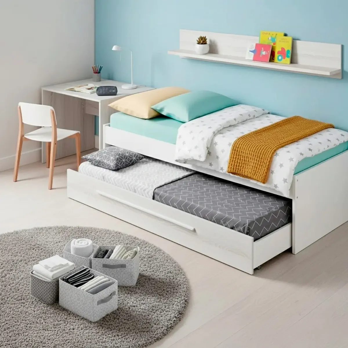 Letto Salvaspazio con Letto Estraibile Cassetto e Mensola Design Nordico Ideale per Camerette Piccole Pratico Robusto e Funzionale 65 × 199 × 96 Cm