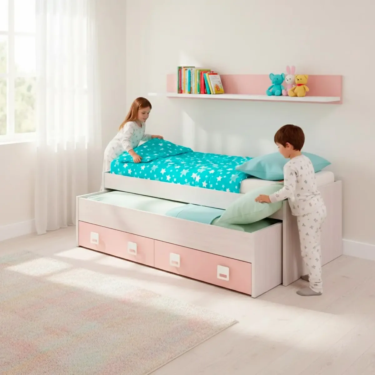 Letto con Letto Estraibile 2 Cassetti e Mensola Letto Salvaspazio Contenitore Cameretta Bambini Ragazzi Camera Design Moderno Delft 65 x 199 x 96 Cm