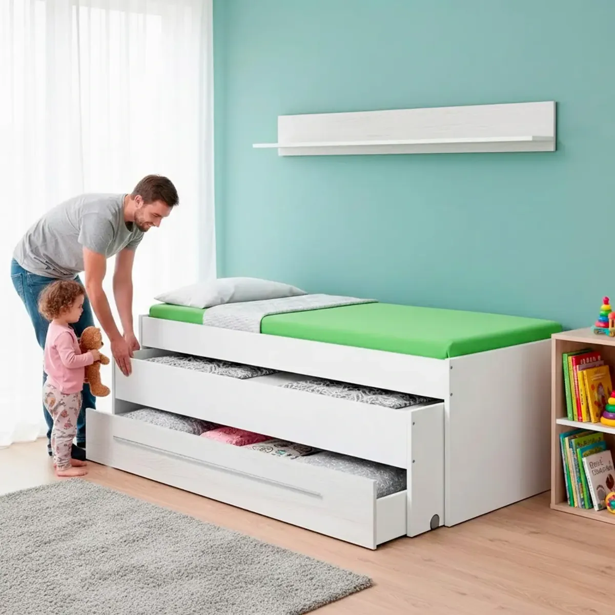 Letto Salvaspazio con Letto Estraibile Cassetto e Mensola Design Nordico Ideale per Camerette Piccole Pratico Robusto e Funzionale 65 × 199 × 96 Cm