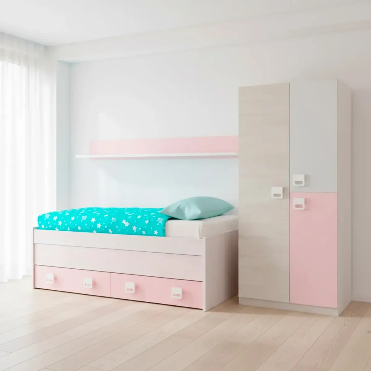 Letto con Letto Estraibile 2 Cassetti e Mensola Letto Salvaspazio Contenitore Cameretta Bambini Ragazzi Camera Design Moderno Delft 65 x 199 x 96 Cm