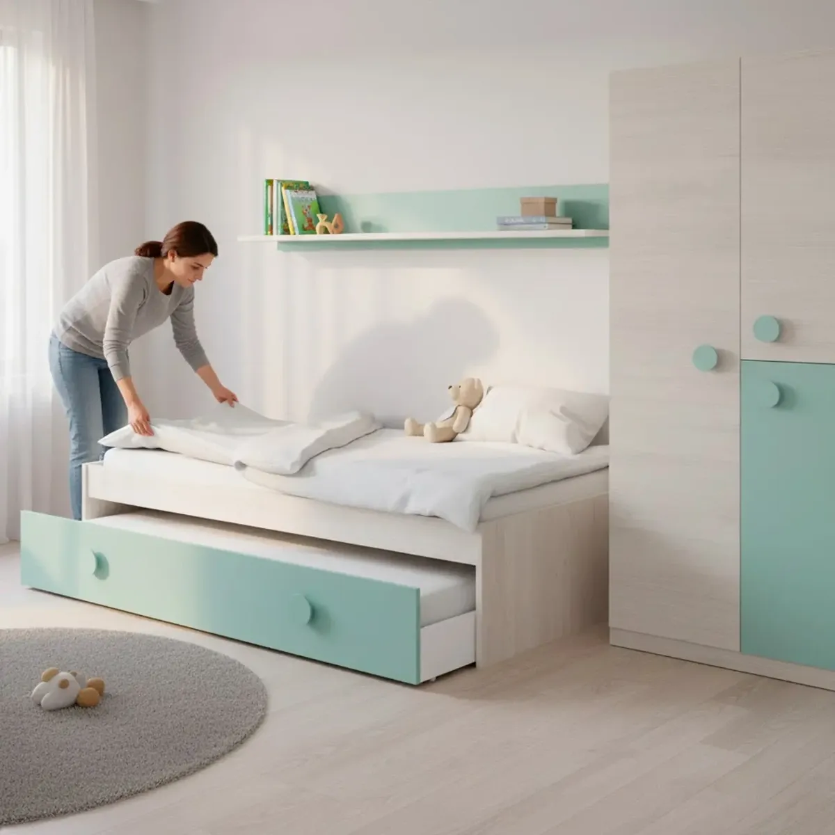 Letto Singolo a Scomparsa per Ragazzi con Letto Estraibile e Mensola a Muro Salvaspazio per Cameretta Camera da Letto Design Moderno Salvaspazio 201 x 43 x 98 Cm
