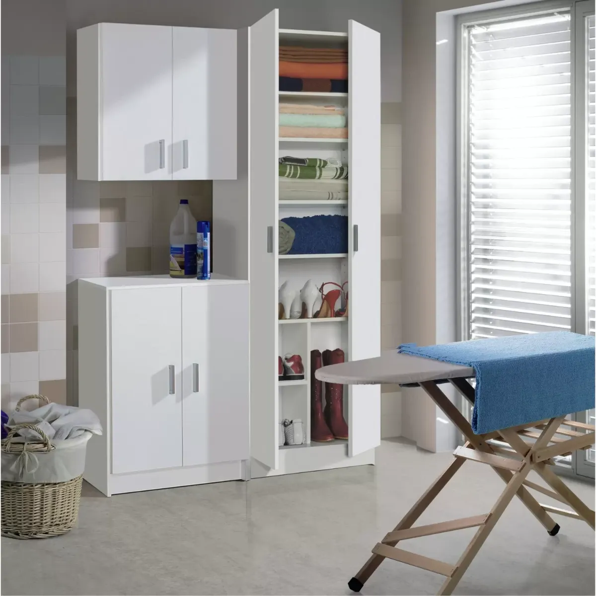 Armadio Armadietto Multiuso A Colonna 2 Ante Battenti E 8 Ripiani Alphabet Salvaspazio Ideale Per Ingresso Camera Da Letto Dispensa Cucina In Legno 59 x 37 x 180 Cm Colore Bianco-Bianco
