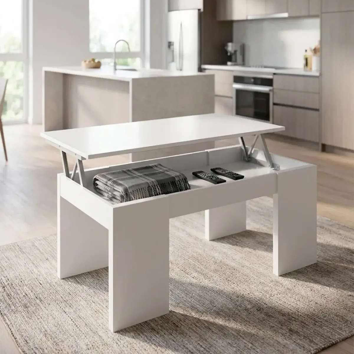 Tavolino da Caff&egrave; Con Piano Rialzabile Con Vano Contenitore Alzabile Tavolo da Salotto Moderno Salvaspazio Ideale per Mangiare Lavorare e Organizzare il Soggiorno 100 x 50 x 42 cm Bianco-Bianco