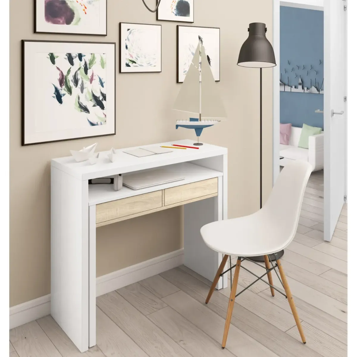 Scrivania Allungabile con 2 Cassetti Tavolo consolle Estensibile Studio Salvaspazio con Ripiano Ideale Disegno Soggiorno Camera Salotto Ingresso Corridoio 99 x 88 x 36 Cm