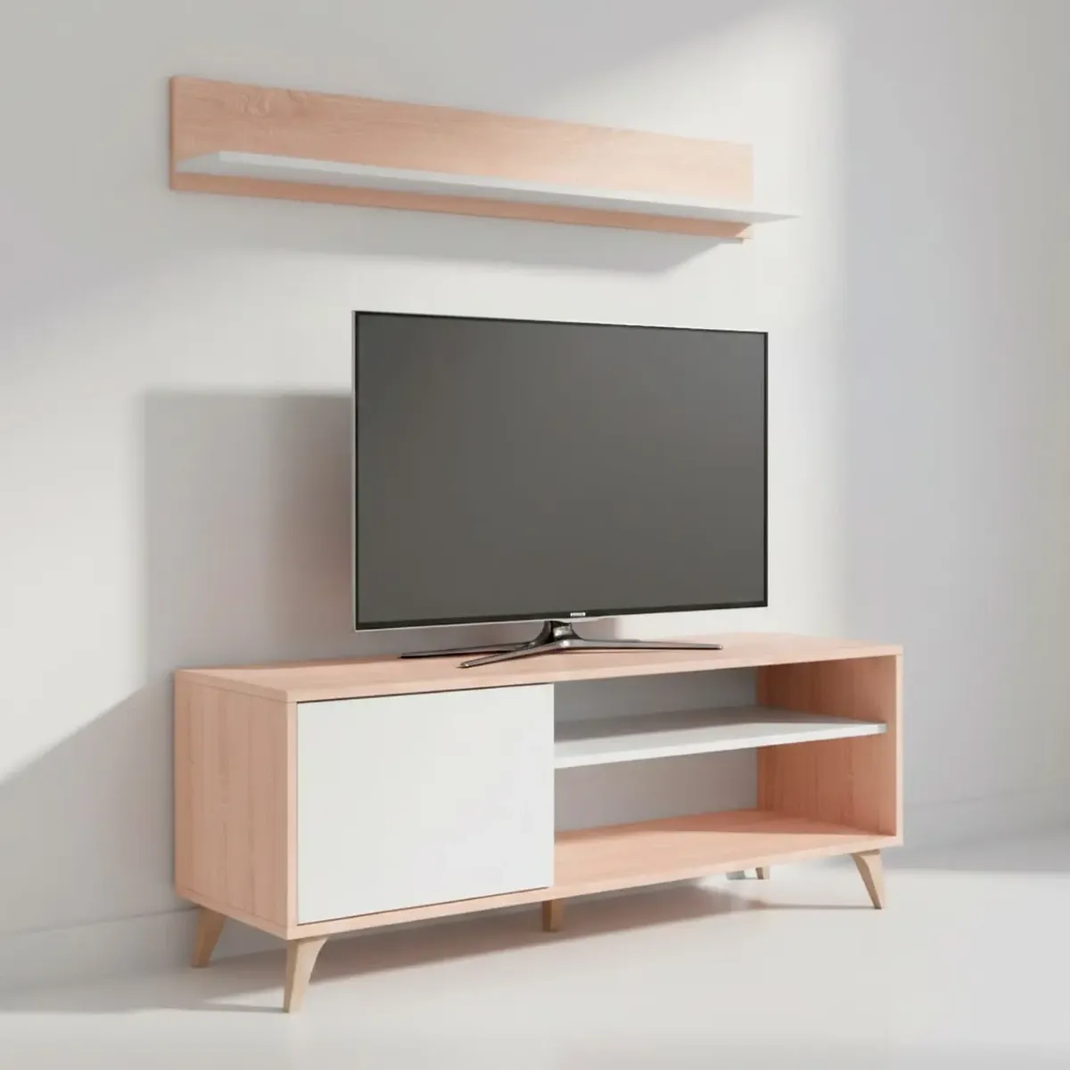 Mobile TV con Mensola Parete Attrezzata in Stile Nordico da 135 Cm con Anta Push e Vani Multimediali Mobile Porta TV con Ripiano a Parete Soggiorno Moderno 135 x 50 x 40 Cm
