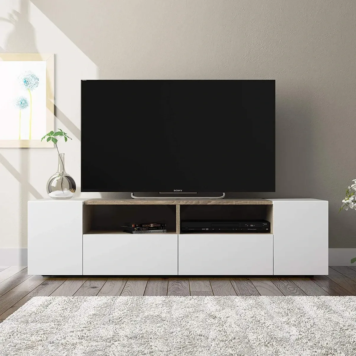 Mobile Porta TV Moderno Con Ante E Vani a Giorno Parete Attrezzata Salvaspazio Per Soggiorno Salotto Cameretta Camera Design Moderno Elegante 138 x 40.2 x 34 Cm Bianco E Rovere