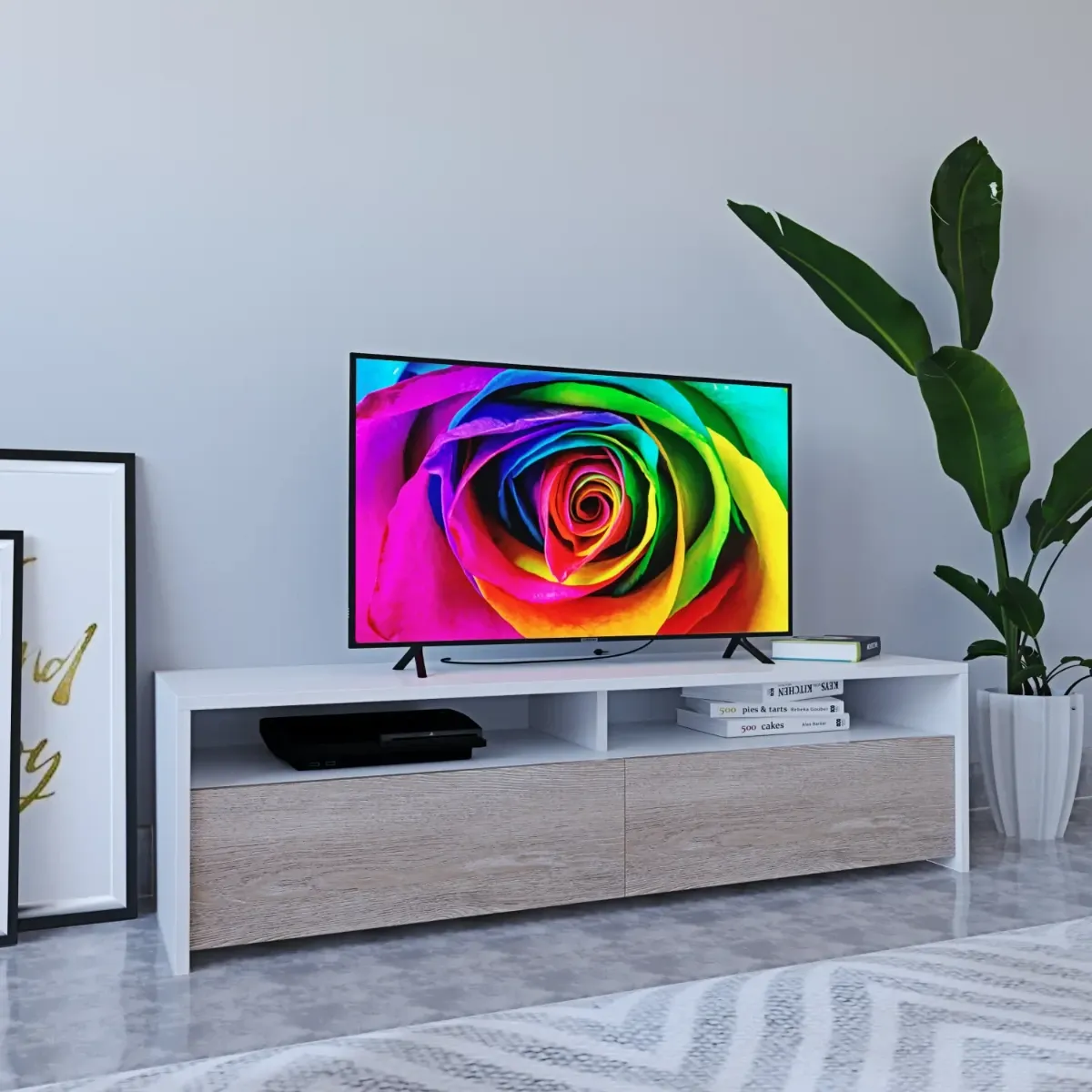 Mobile Porta TV Moderno Parete Attrezzata con 2 Ante e 2 Vani a Giorno Mobiletto Salvaspazio da Terra per Televisione Soggiorno Salotto Camera da Letto 130 x 40 x 35 Cm