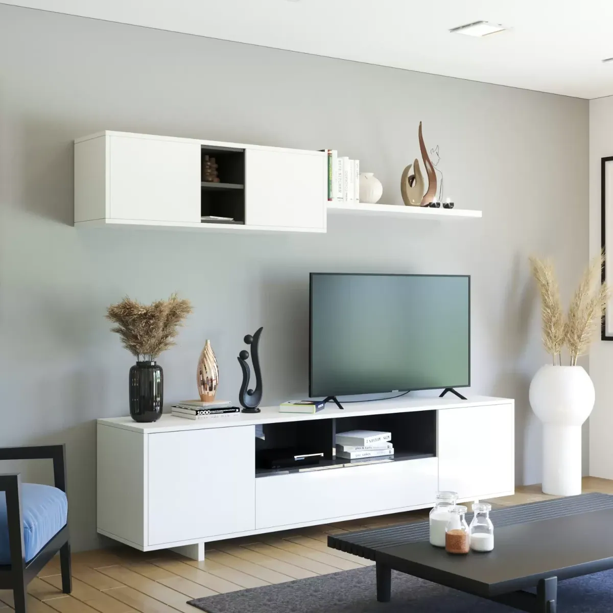 Parete Attrezzata Mobile Mobile Soggiorno TV con Mensola e Modulo Sospeso Salotto Legno Base Televisione Sala da Pranzo Design Moderno 200 x 41 x 46 cm-Bianco