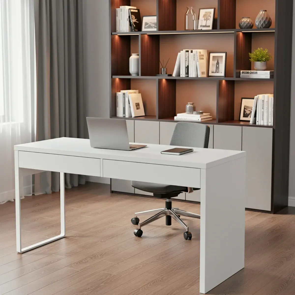 Scrivania Ufficio Home Office Studio Design Moderno Tavolo Lavoro Computer Cassetti Arredo Casa Professionale Ampia Superficie Organizzazione Minimal Elegante 138 x 50 x 75 Cm Bianco