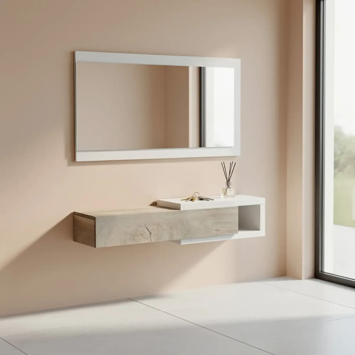 Mobile Maiorca Mobiletto da Ingresso Sospeso con Cassetto Mensola e Specchio Arredo Arredamento Sala 95 x 19 x 26 cm