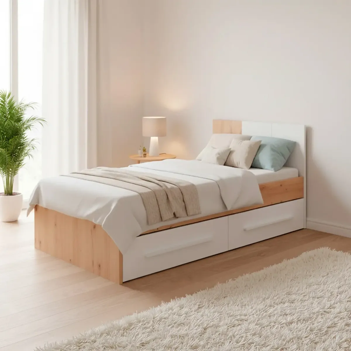 Letto Singolo per Ragazzi con 2 Cassetti e Testiera Letto con Scomparti per Materasso 190 x 90 Cm Bambini Salvaspazio Design Moderno 196 x 97 x 77 cm