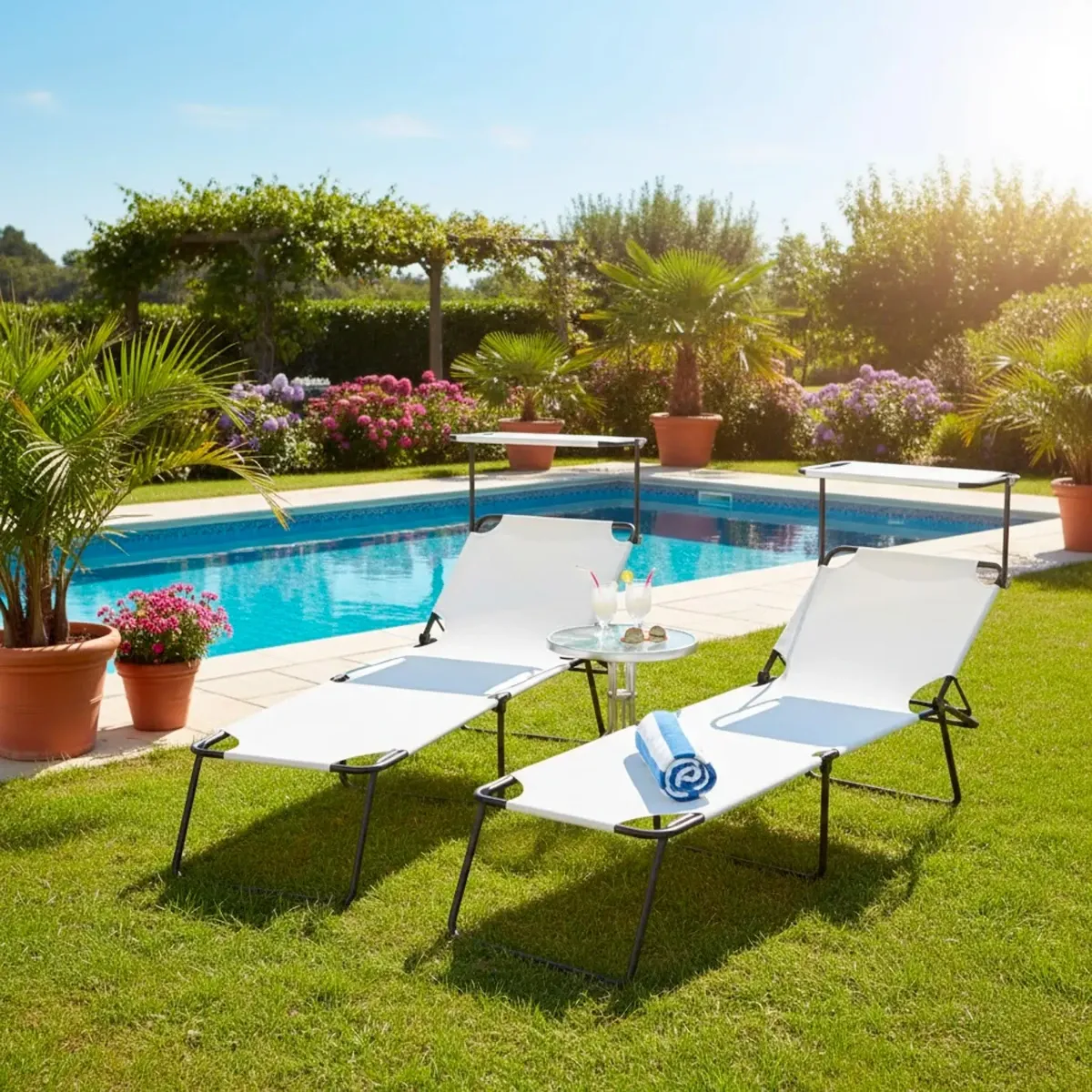 2 Lettini Pieghevoli con Tettuccio Regolabile e Schienale Reclinabile, Struttura in Metallo Nero, Sdraio Prendisole per Spiaggia, Mare, Giardino e Piscina - 187 x 53 x 24 cm
