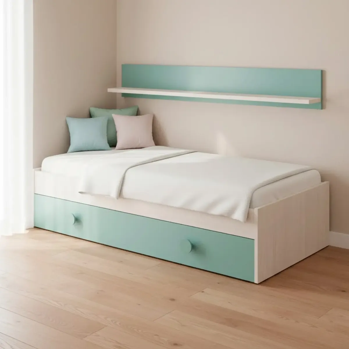 Letto Singolo a Scomparsa per Ragazzi con Letto Estraibile e Mensola a Muro Salvaspazio per Cameretta Camera da Letto Design Moderno Salvaspazio 201 x 43 x 98 Cm