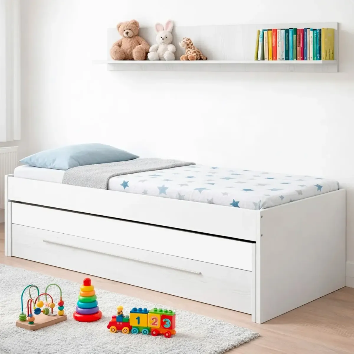 Letto Salvaspazio con Letto Estraibile Cassetto e Mensola Design Nordico Ideale per Camerette Piccole Pratico Robusto e Funzionale 65 × 199 × 96 Cm