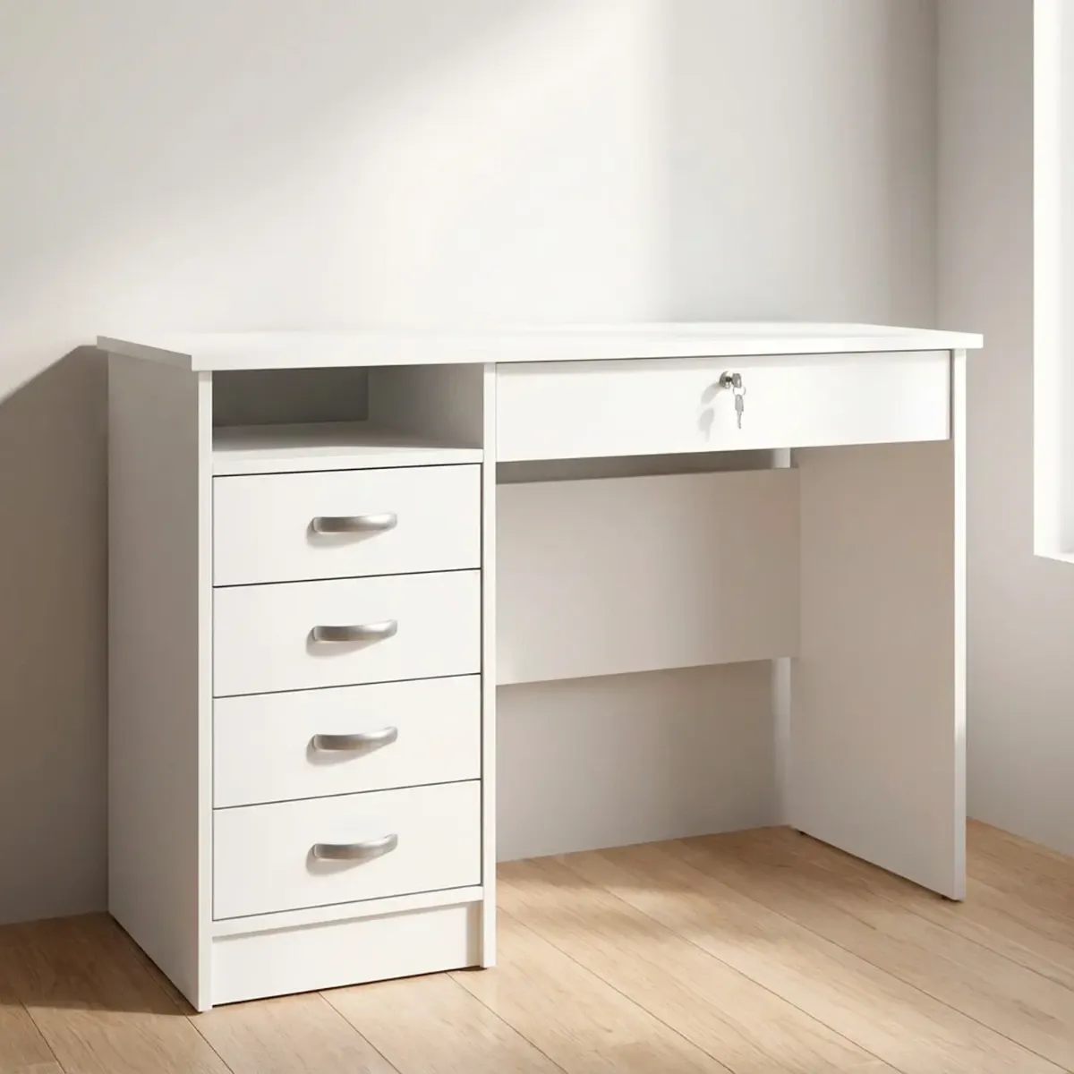 Scrivania Da Ufficio Con 5 Cassetti E Cassetto Con Serratura Desk Moderno Salvaspazio Per Studio Cameretta E Home Office 109.3 x 48.5 x 75.6 Cm-Bianco