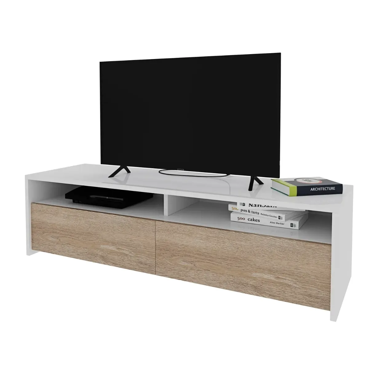 Mobile Porta TV Moderno Parete Attrezzata con 2 Ante e 2 Vani a Giorno Mobiletto Salvaspazio da Terra per Televisione Soggiorno Salotto Camera da Letto 130 x 40 x 35 Cm