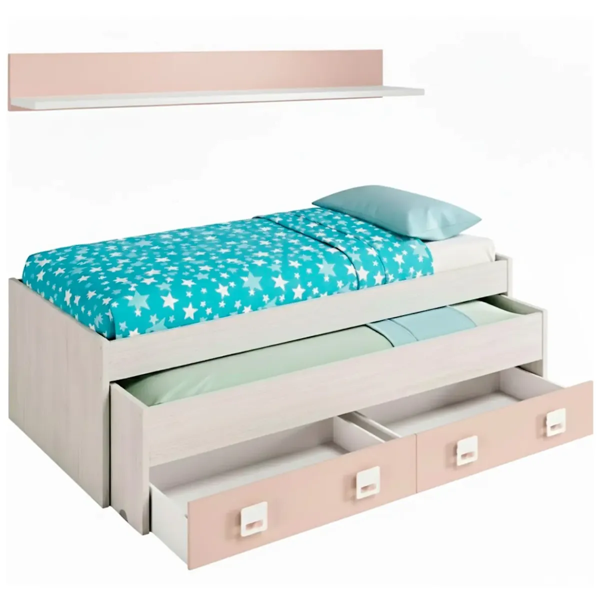 Letto con Letto Estraibile 2 Cassetti e Mensola Letto Salvaspazio Contenitore Cameretta Bambini Ragazzi Camera Design Moderno Delft 65 x 199 x 96 Cm