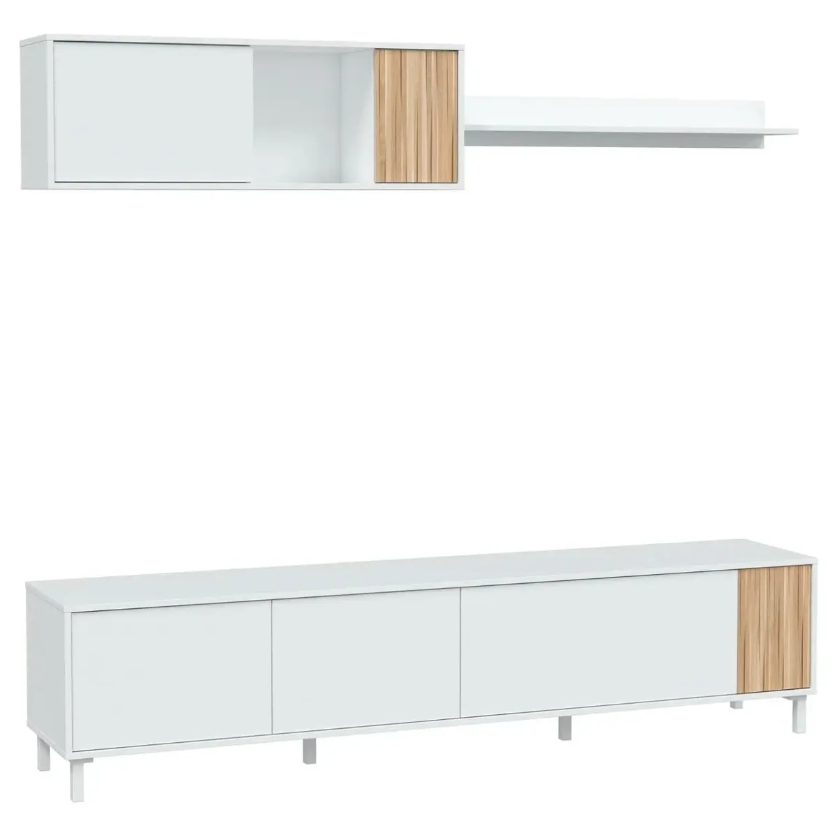 Parete Attrezzata Moderna Mobile Soggiorno TV con Modulo Pensile e Mensola con 4 Ante Fori Passacavi Design Moderno Soggiorno Salotto Sala da Pranzo 47 x 200 x 40 Cm